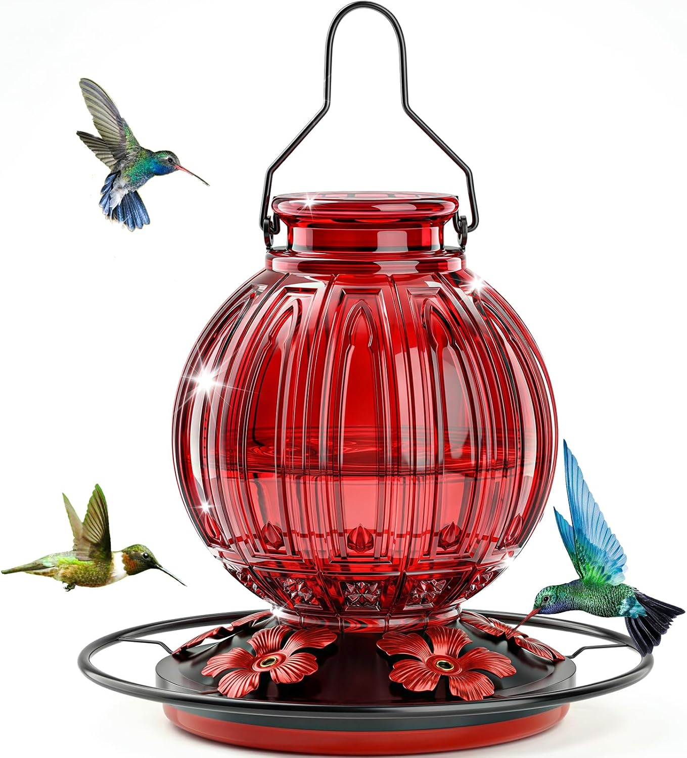 Red 26 oz retro glass hummingbird feeder with circular perch ring