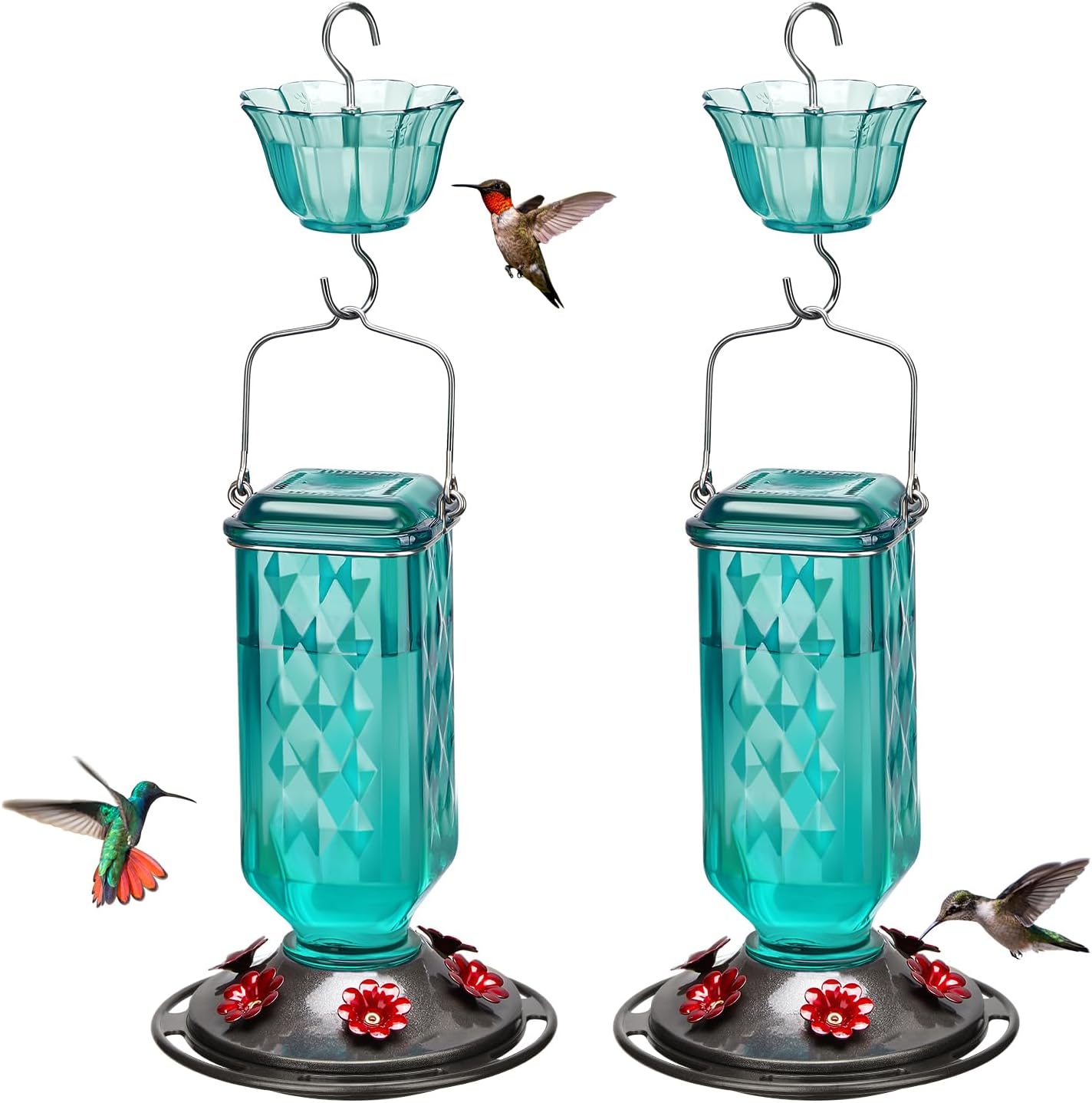 Kingsyard two pack of turquoise glass hummingbird feeders with flower ports