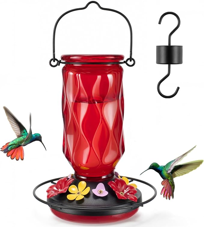 Kingsyard 20 oz red glass hummingbird feeder with nine bee guard ports and ant moat